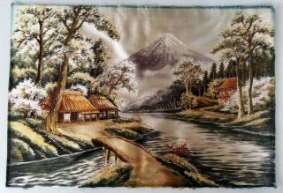 Japanese Embroidery Art Picture,  Silk Tread,  Mt Fuji,  Vintage,  10 " X 15 "