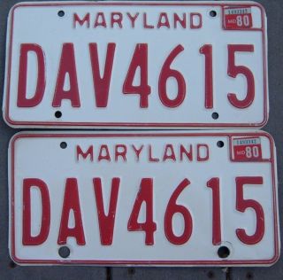 Vintage Pair 1980 Maryland License Plates Dav 4615 Disabled American Vet