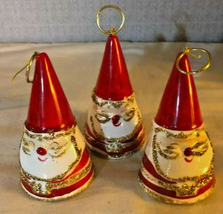 3 Vintage Ceramic Santa Bell Ornaments,  Lipper & Mann,  Gold Glitter Trim