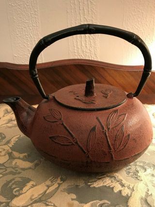 Vintage Tetsubin Japanese Iron Tea Pot Kettle Bamboo Design W/ Tag