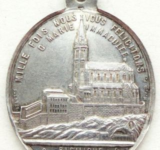 Our Lady Of Lourdes & The Basilica - Precious Antique Solid Silver Medal Pendant