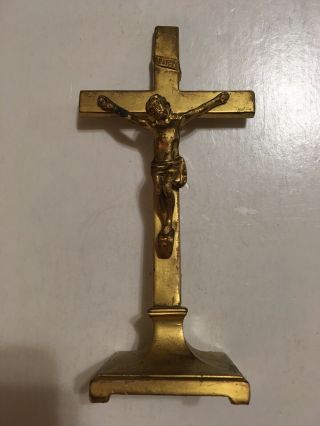 Vintage Brass Standing Altar Crucifix Jesus On Cross Inri 7 1/2”