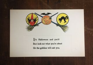 Vintage Gibson Halloween Postcard - Black Cat,  Witch,  Bat,  Broomstick -