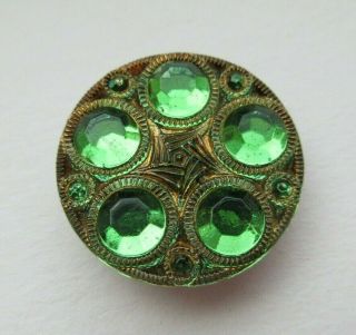 Dazzling Antique Vtg Back Painted Green Glass Button W/ Gold Luster 7/8 " (g)