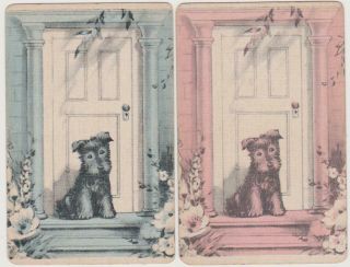 Swap/playing Cards Cute Dog At Door Vintage Linen Pair