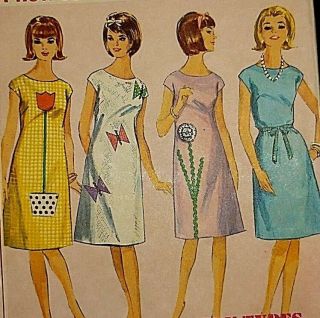 Vintage 60s Sewing Pattern Simplicity 5851 30.  5 Bust Ez Shift Dress Applique Cut