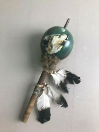 Hand Painted Dance Gourd Rattle,  Ceremonial,  Santa Fe Style,  Natural,  Wolf