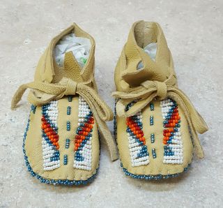 Hand Crafted Beaded Tan Buckskin Native American Indian Baby Moccasins