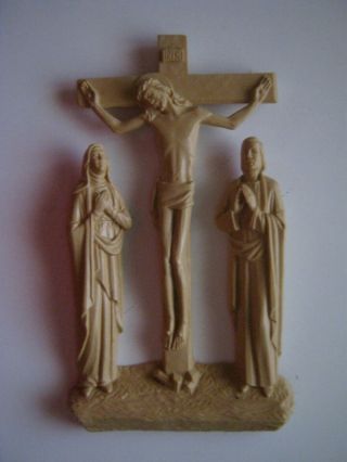 Vintage Crucifix Cross Of Jesus Christ,  Wall Sculpture W/ Mary & John,  Plastic