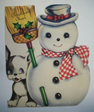 Mr.  Snowman W Puppy Dog Mcm Christmas Greeting Card 6a