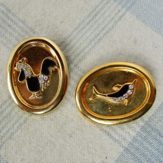 2 Vintage 1 - Piece Stamped Brass Buttons W Rooster And Porpoise Embellishments
