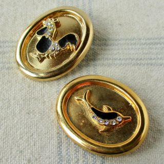 2 Vintage 1 - Piece Stamped Brass Buttons w Rooster and Porpoise Embellishments 2