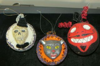Bethany Lowe ? Halloween 3 round ornaments black cat,  skeleton,  red devil 2