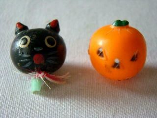 2 Vintage Halloween Plastic Pumpkin & Black Cat Pick Top Decorations Japan