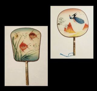 Set Of Two Vintage Chinese Silk And Bamboo Hand Painted Paddle Fan Hand Fan
