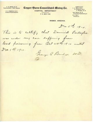 Copper Queen Mine Hospital Bisbee Arizona 1910 Letter " Lead Poisoning "