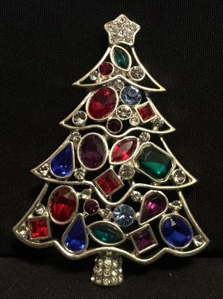 Vintage Christmas Tree Silvertone Multicolor Rhinestone Pin Brooch