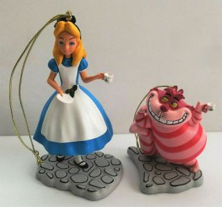 2 Disney Christmas Ornaments,  Alice In Wonderland & Cheshire Cat,  Grolier