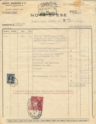 Italy - Genova 1951,  Malta Stamps As Revenues On Invoice Doc.  A786