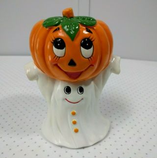 Vtg Lefton Halloween Tea Light Candle Holder Ghost Pumpkin Jack - O - Lantern 1986