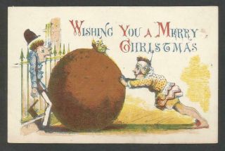 A65 - Clown & Policeman With Giant Pudding - Early Print - Victorian Xmas Card
