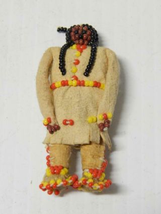 Unusual Vintage Zuni Beaded Doll W/ Hide Clothing - Unique