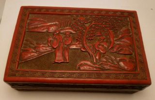 Antique Chinese Hand Carved Cinnabar Jewelry Box Figural Wise Men Tree Mountain