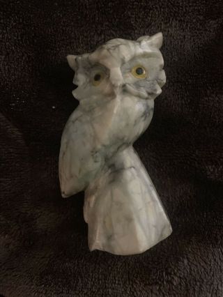 Carved quartz Crystal Gem Stone owl With Gemstone Eyes Collectible 3” 4