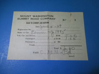 Vintage June 5 1949 Mountain Washington Summit Road Company Receipt S7020