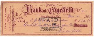 1893 Check,  The Bank Of Edgefield,  Edgefield,  South Carolina