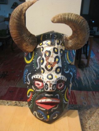 Mexican Folks Art Old Carved Wood Devil Diablo Mask With Ram Horns