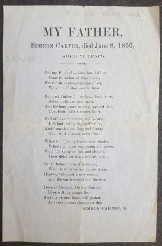 C.  1856 Funeral Memorial For Simeon Carter Written By His Son Simeon Carter Jr.
