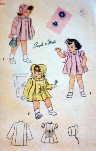 Lovely Vtg 1950s Girls Embroidered Dress Coat & Hat Sewing Pattern 6 Months
