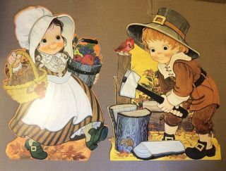 Vintage 1979 Hallmark Cardboard Diecut Thanksgiving Pilgrim Boy Girl