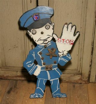 Antique Vintage Hand Painted Wood Folk Art Policeman Stop Sign