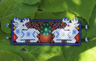 Huichol Indian White Deer & Peyote Beaded Bracelet Mexican Folk Art Hippie Boho