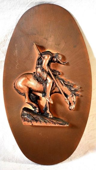 Bowing Indian Chief On Horse 3d Copper Art Copperama Inc Wall Plaque By Victor P