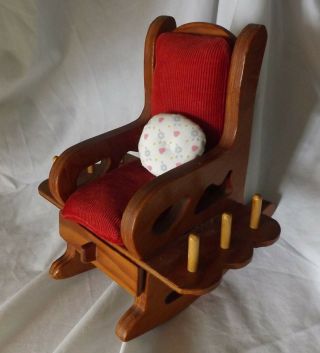 Wood Rocking Chair Pin Cushion Sewing Caddy Thread Scissors Holder Drawer