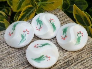 4 Vintage Hand Painted Flowers Milk Glass Satin White Buttons Antique Old German