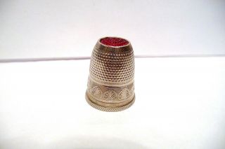 Thimble Vintage Silvertone Germany? Palmetto Leaves Band W/red Glass Top