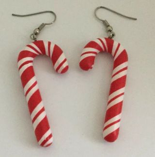 Vintage Christmas Holiday Costume Plastic Large Candy Cane Drop Earrings Q208