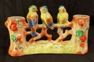 Vintage Double Vase With 3 Birds Parrots On A Fence 8 X 5 X 2 " Japan