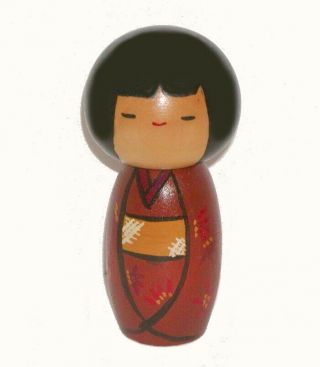 Japanese Vintage Wood Kokeshi Doll Cute Girl W/ Red Flowers On Brown Kimono