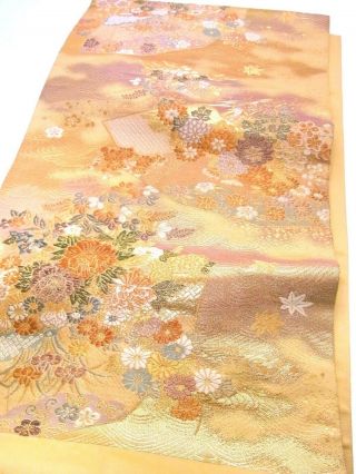 Japanese Kimono Obi Fabric Panel 48 " _silk,  Gold,  Japanese Fan,  Goshodokimon,  O191 - D