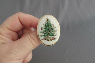 Vintage Spode Cream Ceramic Oval Gold Tone Painted Christmas Tree Pin Brooch