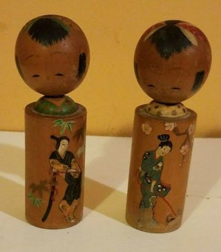 Vintage Wooden Hand Painted Japanese Kokeshi Dolls - Nodders