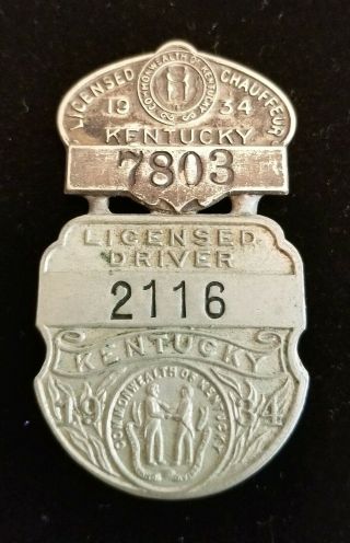 Vintage 1934 State Of Kentucky Chauffeur Badge No.  2116 Driver License Pin Ky