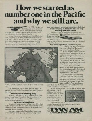 1977 Pan Am How We Started As 1 In The Pacific Airplane American Express Map Ad