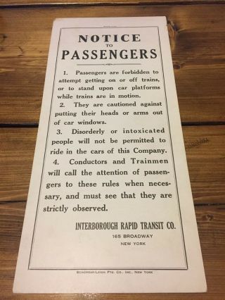 York City/brooklyn Ny - C1909 Subway Rules For Passengers - Vintage Paper Sign