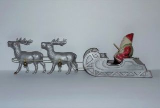 Vintage Christmas Santa In Sleigh Reindeer & Bells Celluloid Figures Decoration